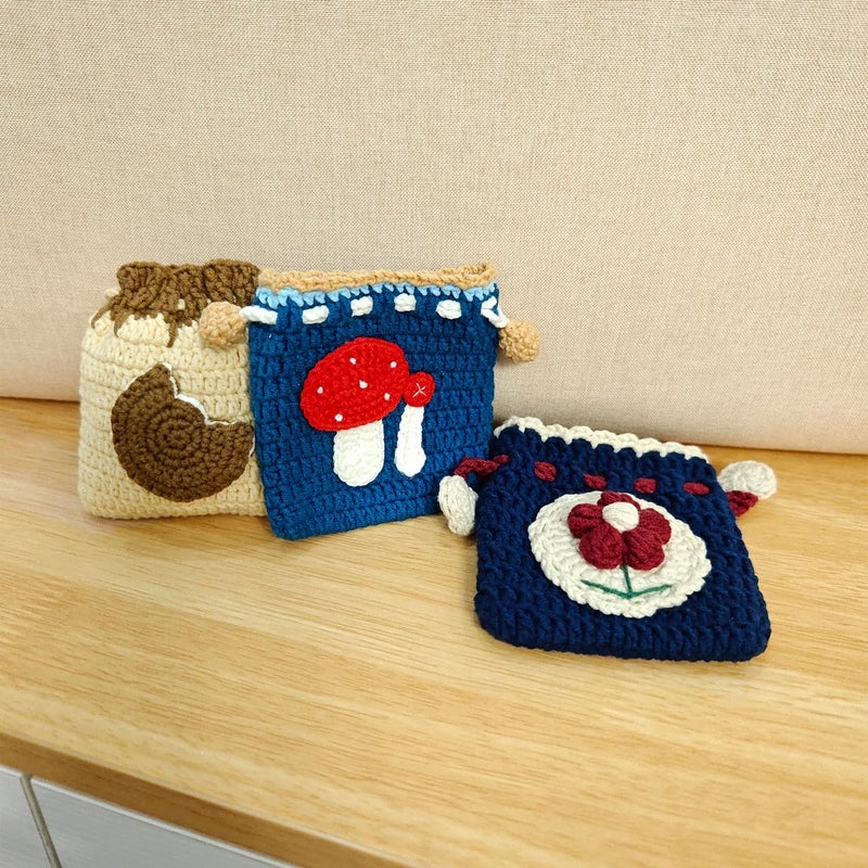 BRTOO Small Crochet Purse 101% Handmade Knitted Storage Bag Cute Funny Kawaii Coin Change Purse Pouch Mini Cartoon Shark Funny Plush Drawstring Headphone Wallet for Women Girls Gift(Biscuit) - Image 4